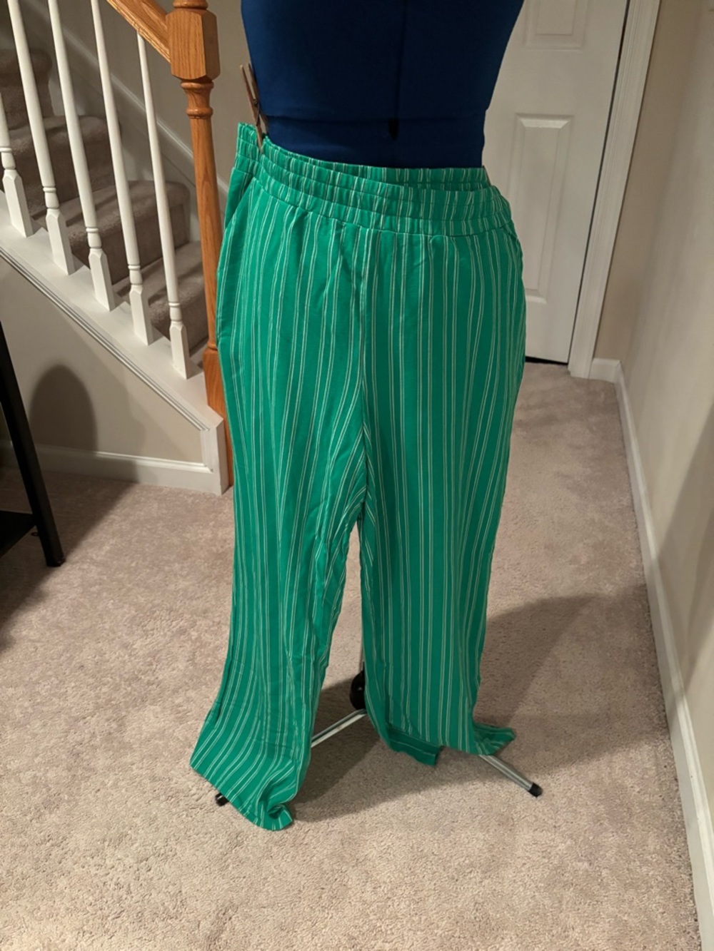 Green Striped Wide-Leg Pants